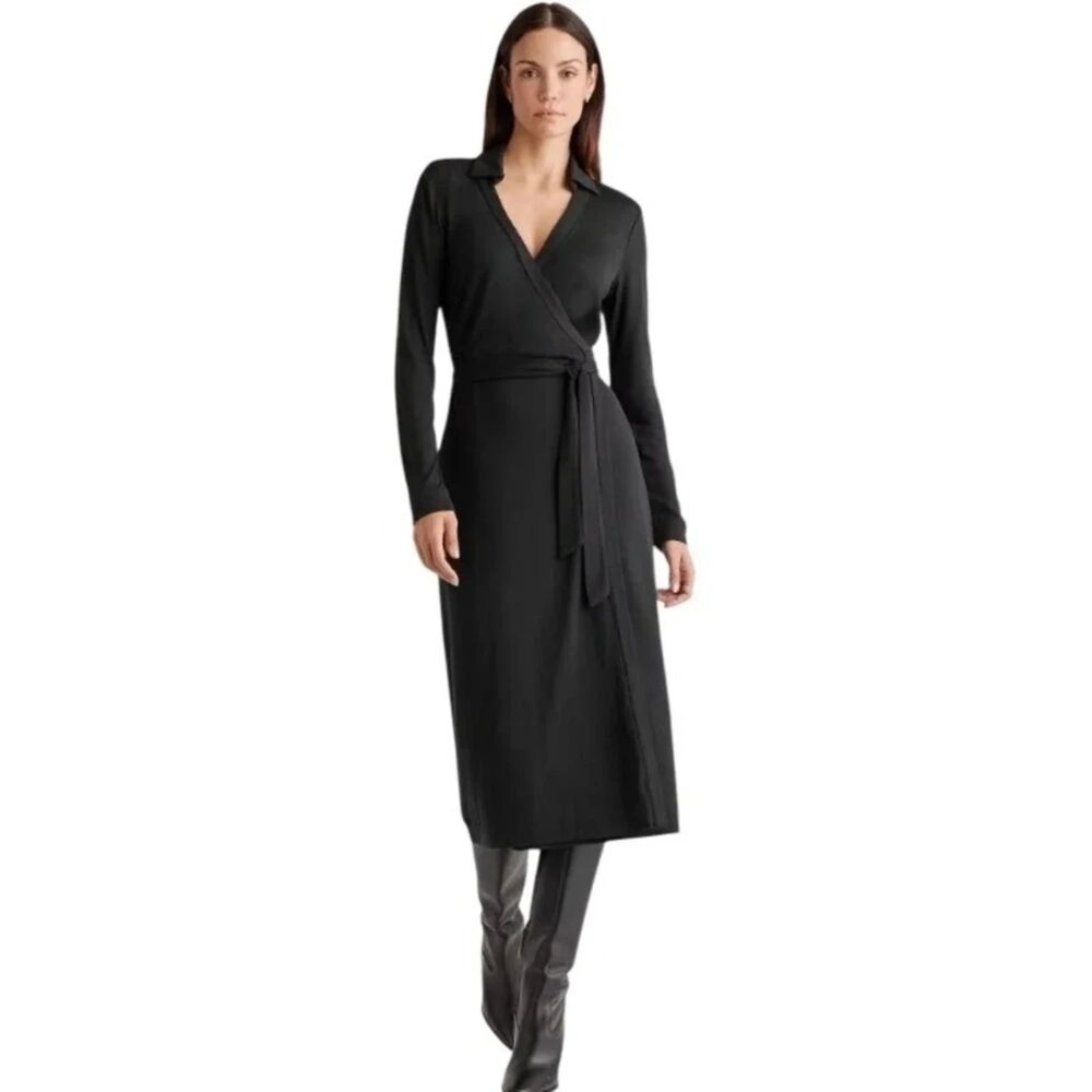 Quince 100% Silk Black Long Sleeve Wrap Midi Wrap Dress with Collar S